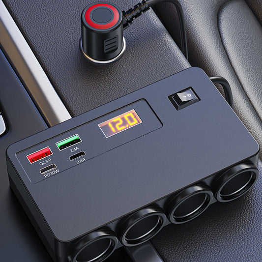 🔌120W Car Charger Adapter – 4 USB Ports (PD 30W + QC 3.0) + 3 Sockets, Real-Time Voltage Display! 🚗⚡