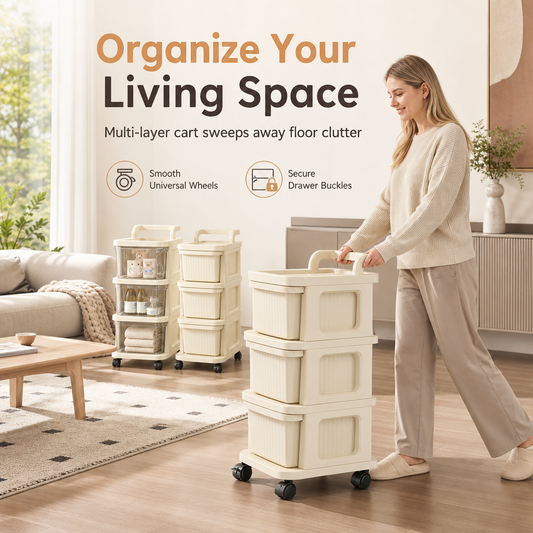 Cream Colored Multi Tier Rolling Storage Cart with Drawers Floor Standing Mobile Utility Organizer Rack for Home Living Room Bedroom Snacks and Toys