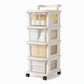 Cream Colored Multi Tier Rolling Storage Cart with Drawers Floor Standing Mobile Utility Organizer Rack for Home Living Room Bedroom Snacks and Toys