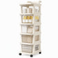 Cream Colored Multi Tier Rolling Storage Cart with Drawers Floor Standing Mobile Utility Organizer Rack for Home Living Room Bedroom Snacks and Toys