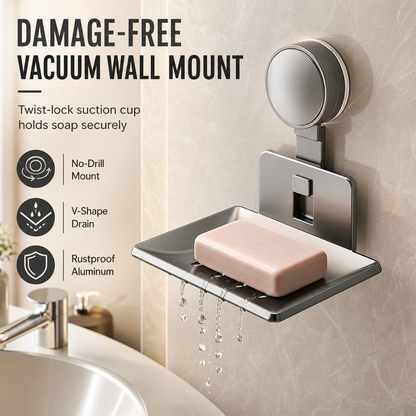 📢📢50% OFF !! ⏰Vacuum Suction Soap Dish: V-Shaped Drainage, Rustproof Aluminum, No Drilling, Twist-Lock🧼