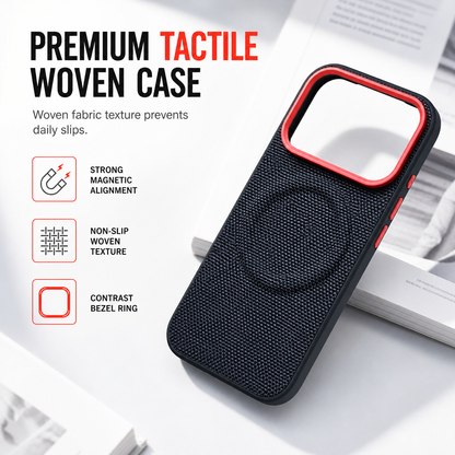 📱 LIMITED-TIME 50% OFF! ✨ Magnetic Woven Texture Phone Case with Gold Trim – Anti-Slip, Shockproof, Wireless Charging ✨